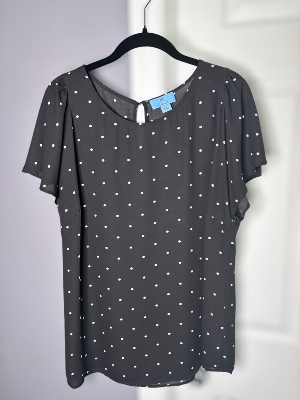 Cece Black White Polka Dot Flutter Sleeve Blouse XL